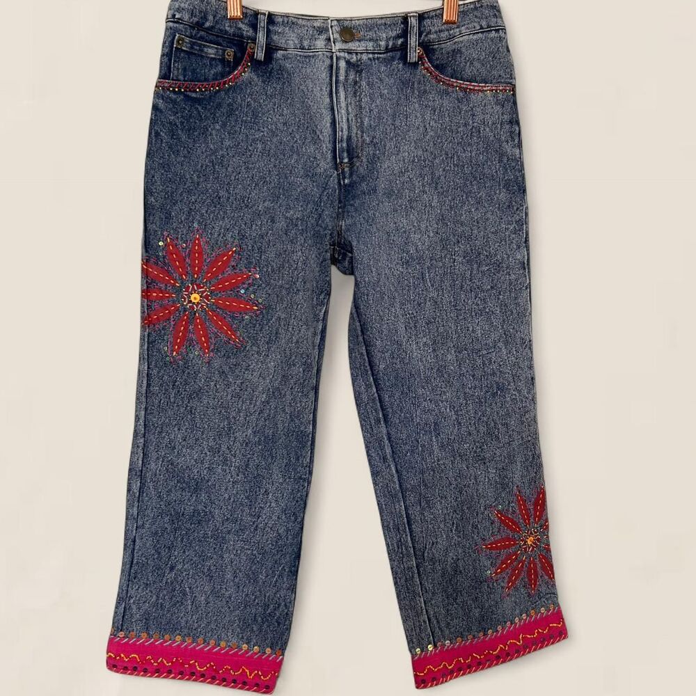 Vintage jeans Y2K Embroidered Flower small | artsy indie beaded cropped denim - Picture 2 of 8